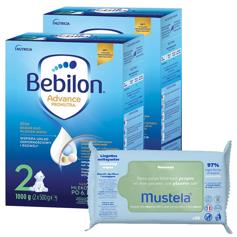 Bebilon Advance Pronutra 2 set, lait de suite, plus de 6 mois, 2 x 1000 g + lingettes humides Mustela, 60 gratuites