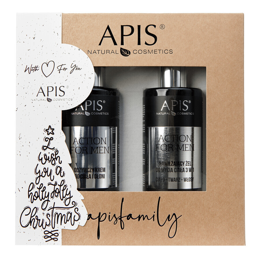 Coffret Apis Action For Men, gel nettoyant hydratant pour le corps 3-en-1 300 ml + crème nourrissante pour le corps et les mains 300 ml