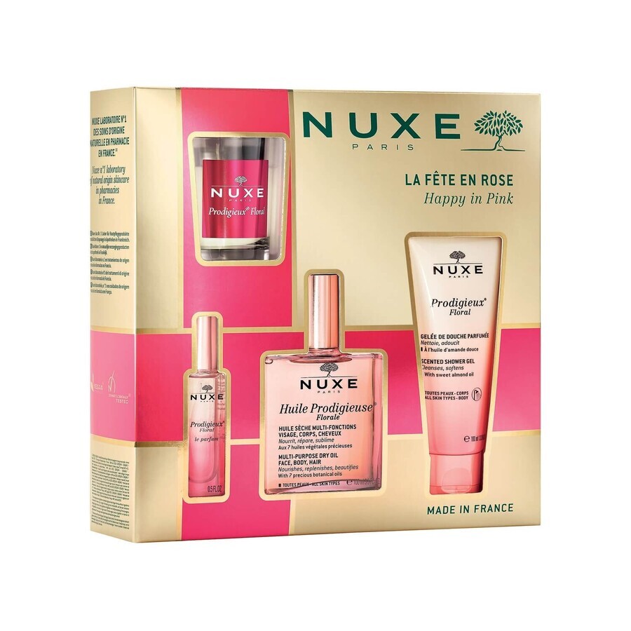 Nuxe Prodigieuse Floral Cult Set, huile sèche, 50 ml + gel douche, 100 ml + parfum, 15 ml + bougie parfumée, 70 g