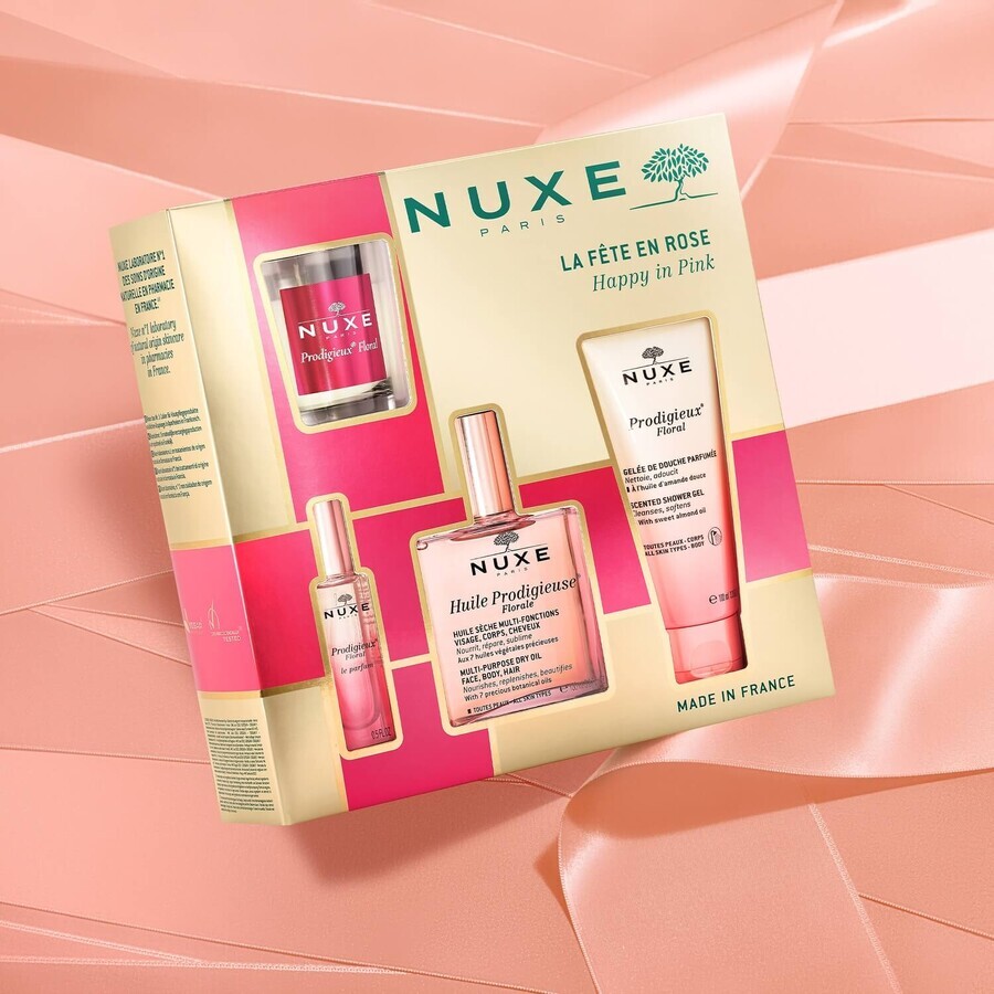 Nuxe Prodigieuse Floral Cult Set, huile sèche, 50 ml + gel douche, 100 ml + parfum, 15 ml + bougie parfumée, 70 g