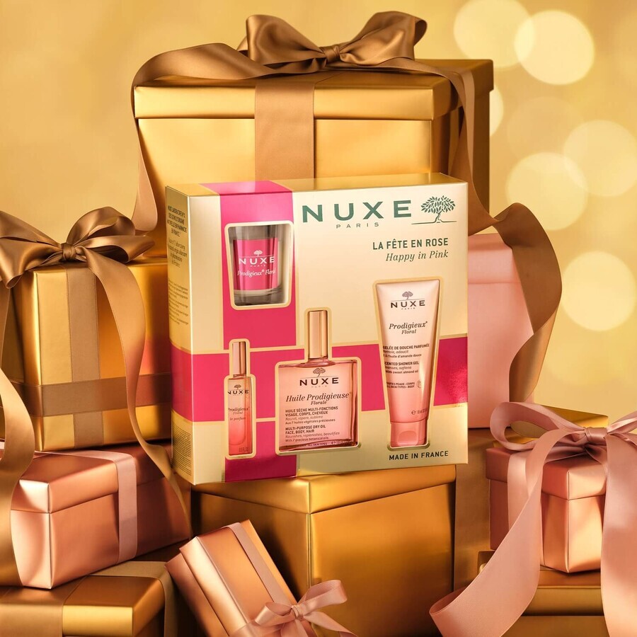 Nuxe Prodigieuse Floral Cult Set, huile sèche, 50 ml + gel douche, 100 ml + parfum, 15 ml + bougie parfumée, 70 g