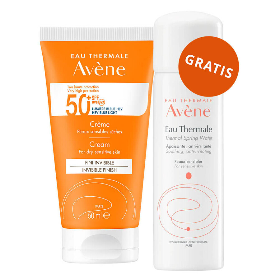 Avène Sun, crème de protection du visage pour les peaux sèches et sensibles, SPF 50+, 50 ml + eau thermale, 50 ml gratuit