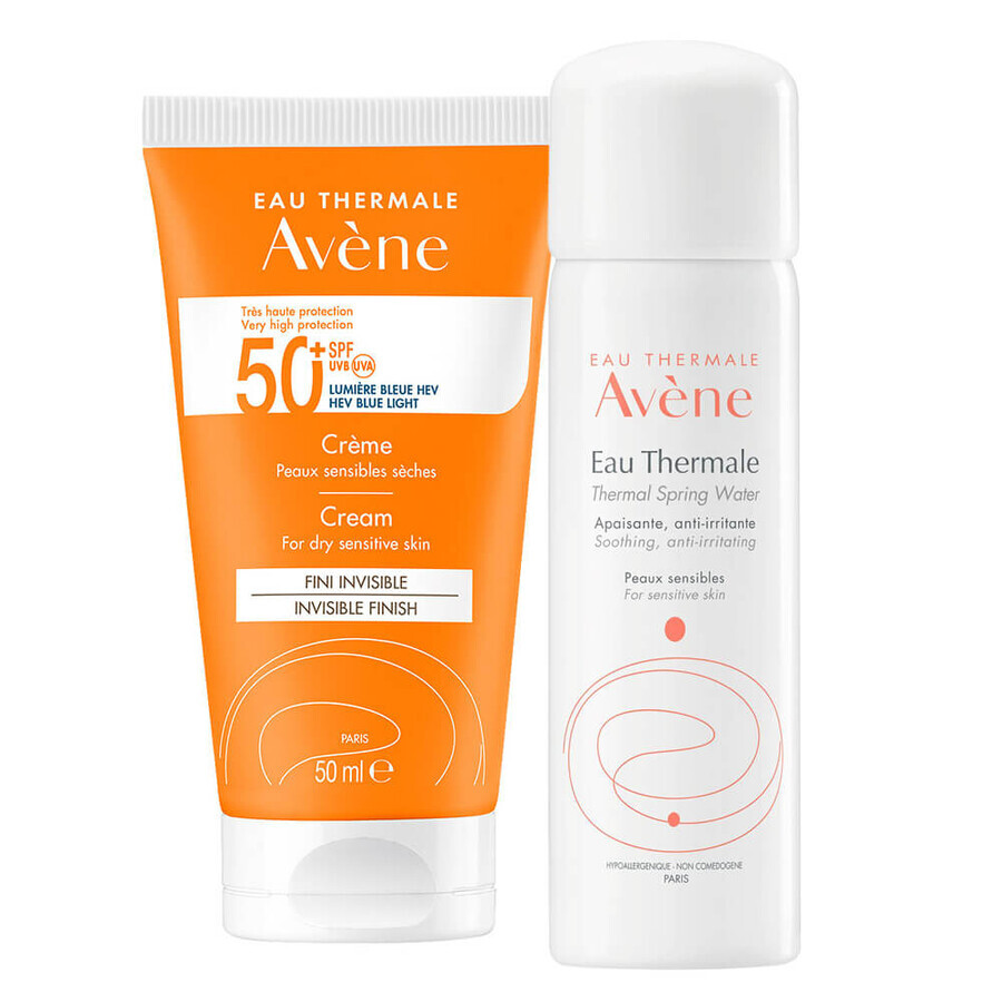 Avène Sun, crème de protection du visage pour les peaux sèches et sensibles, SPF 50+, 50 ml + eau thermale, 50 ml gratuit