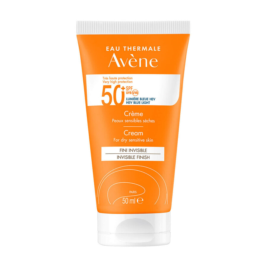 Avène Sun, crème de protection du visage pour les peaux sèches et sensibles, SPF 50+, 50 ml + eau thermale, 50 ml gratuit