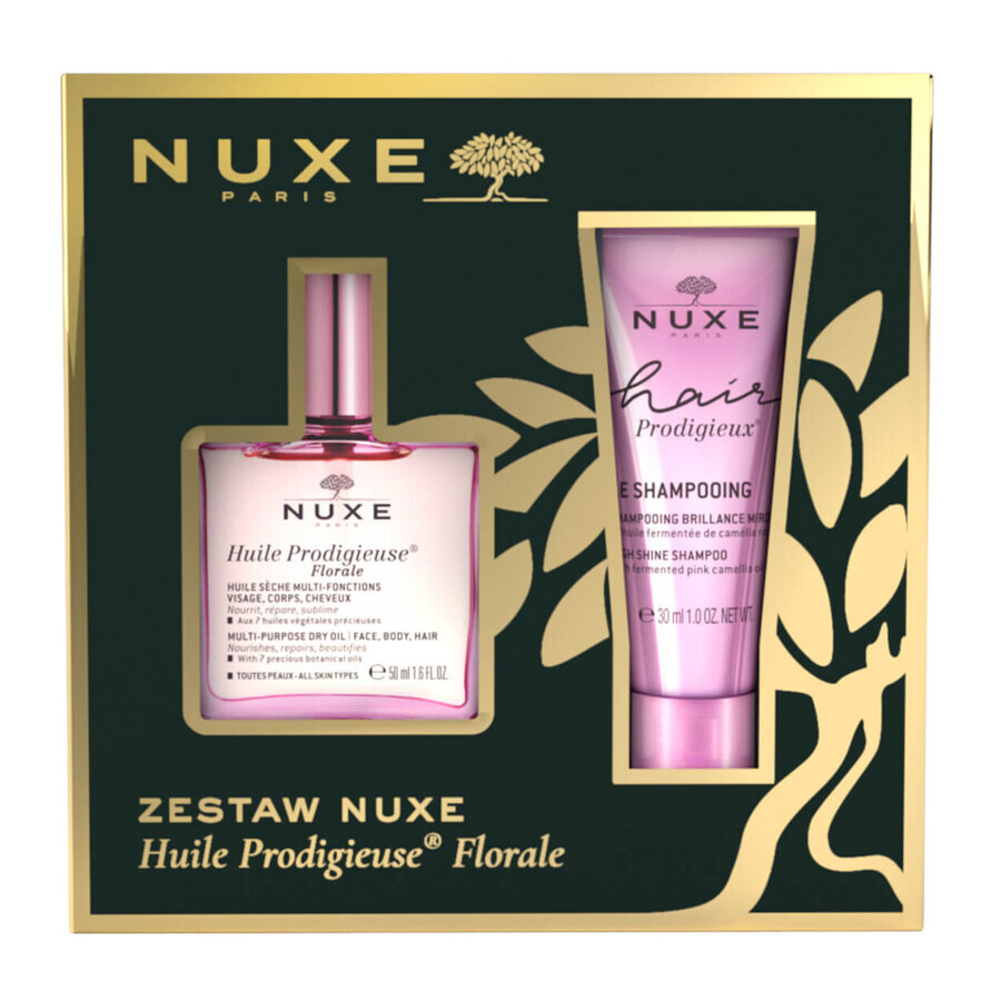 Set Nuxe Huile Prodigieuse Florale, Trockenöl für Körper, Gesicht und Haar, 50 ml + Hair Prodigieux, glänzendes Shampoo, 30 ml