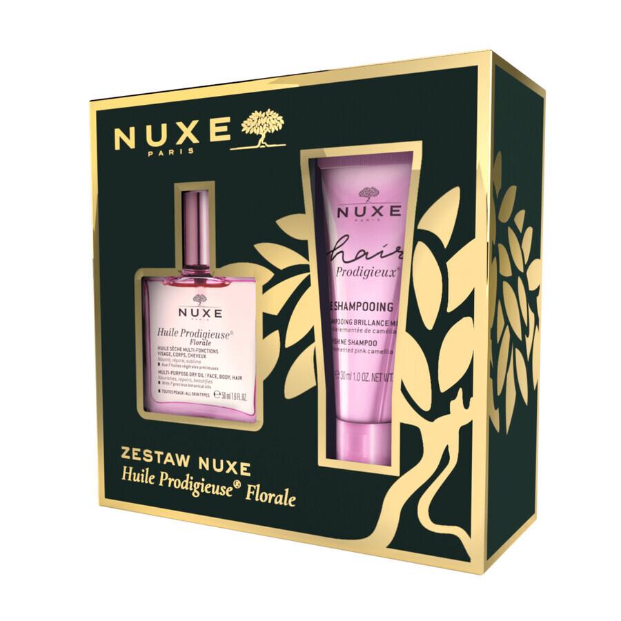 Set Nuxe Huile Prodigieuse Florale, Trockenöl für Körper, Gesicht und Haar, 50 ml + Hair Prodigieux, glänzendes Shampoo, 30 ml