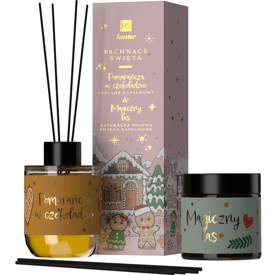 HiSkin Set Navideño Perfumado, vela de soja, Bosque Mágico, 100 ml + varilla difusora, Chocolate Naranja, 80 ml