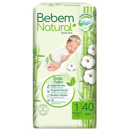 Drink Natural, bamboo diapers, size 1, Newborn, 2-5 kg, 40 pcs