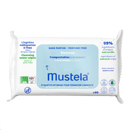 Mustela, Reinigungstücher, kompostierbar, unparfümiert, ab Geburt, 60 Stück