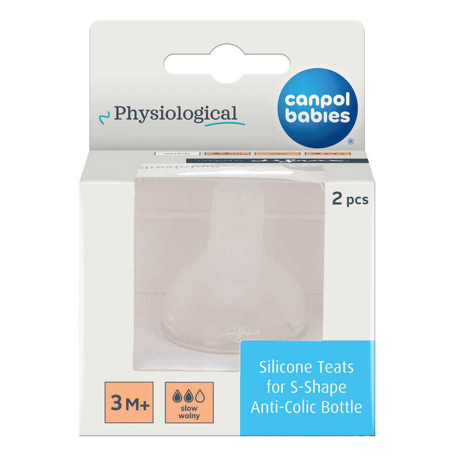 Canpol Babies, silicone nipple for S-Shape M bottle, free, 59/892, from 3 months, 2 pieces