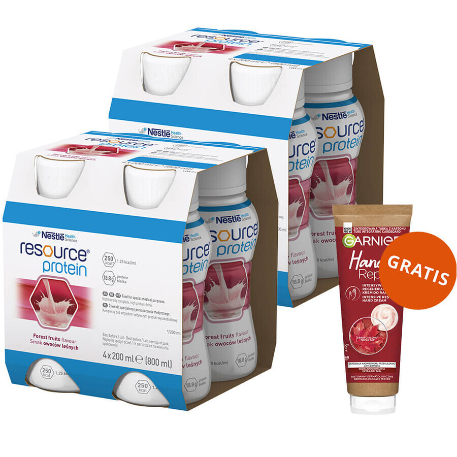 Resource Protein Kit, préparation nourrissante, aromatisée aux baies, 8 x 200 ml + Garnier Hand Repair, crème régénératrice intensive pour les mains, 75 ml gratuit