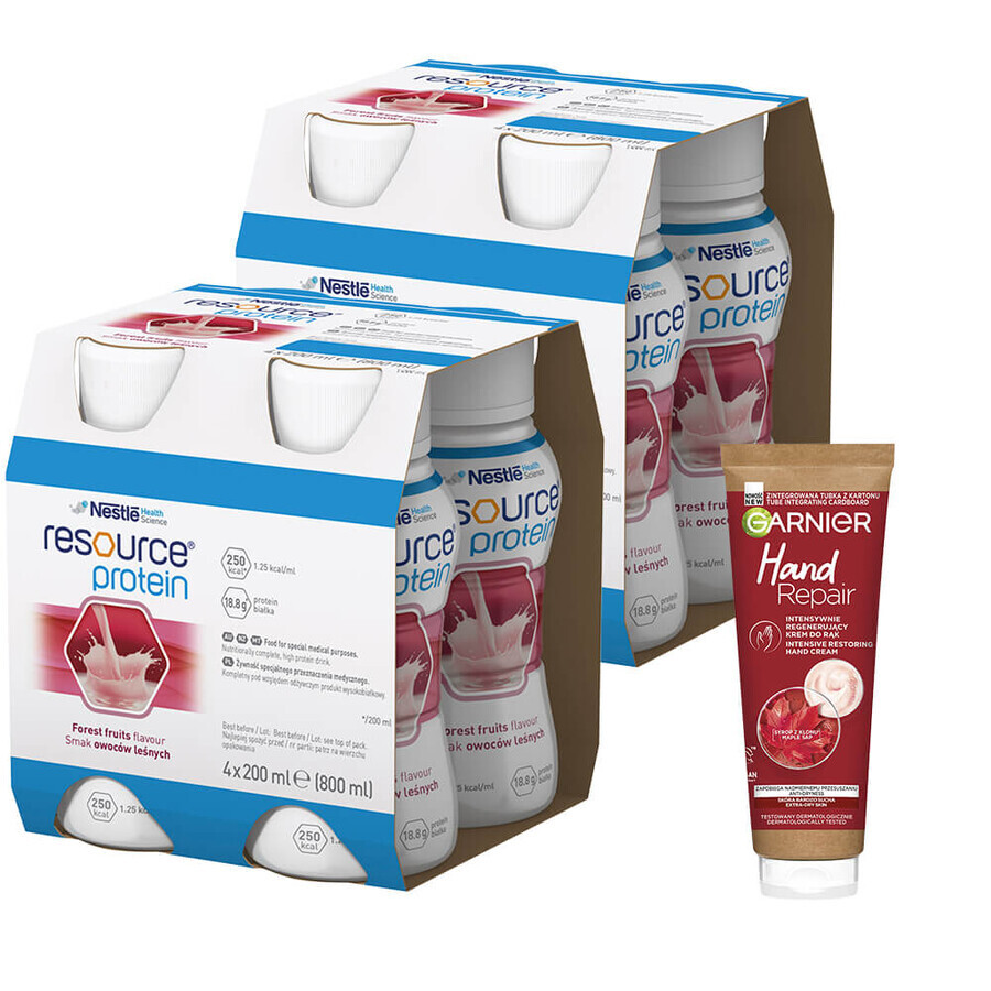 Resource Protein Kit, préparation nourrissante, aromatisée aux baies, 8 x 200 ml + Garnier Hand Repair, crème régénératrice intensive pour les mains, 75 ml gratuit