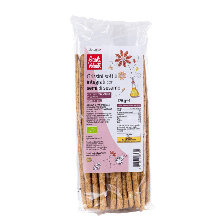 Organic wholegrain wholemeal breadsticks with sesame and extra virgin olive oil, 125 g, Baule Volante