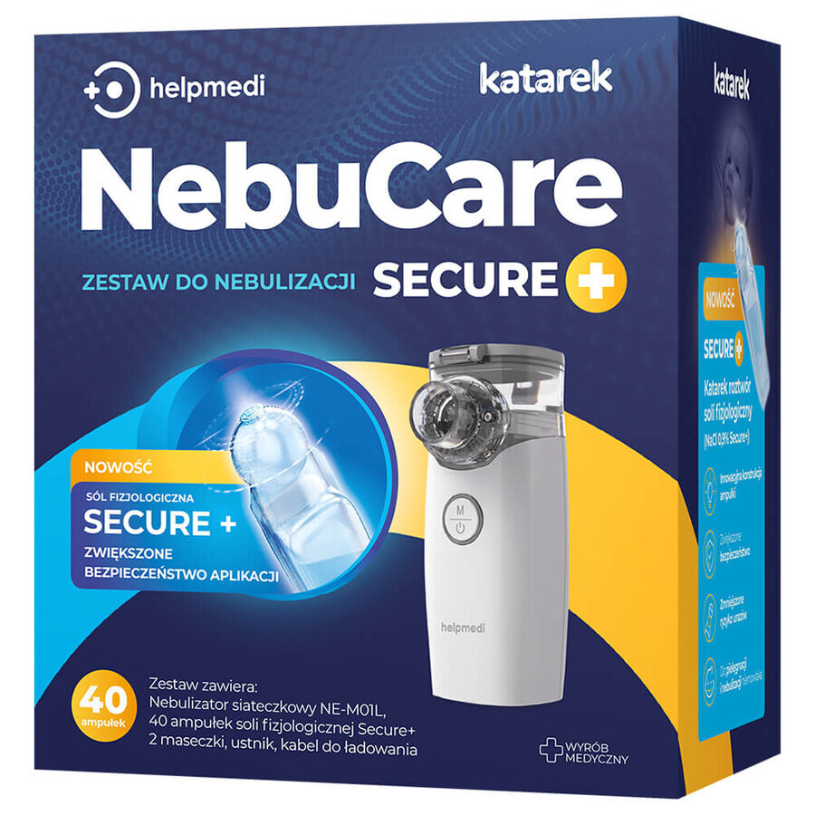 NebuCare Secure+, kit de nébulisation, nébuliseur à maille NE-M01L + sérum physiologique NaCl 0,9 %, 5 ml x 40 ampoules