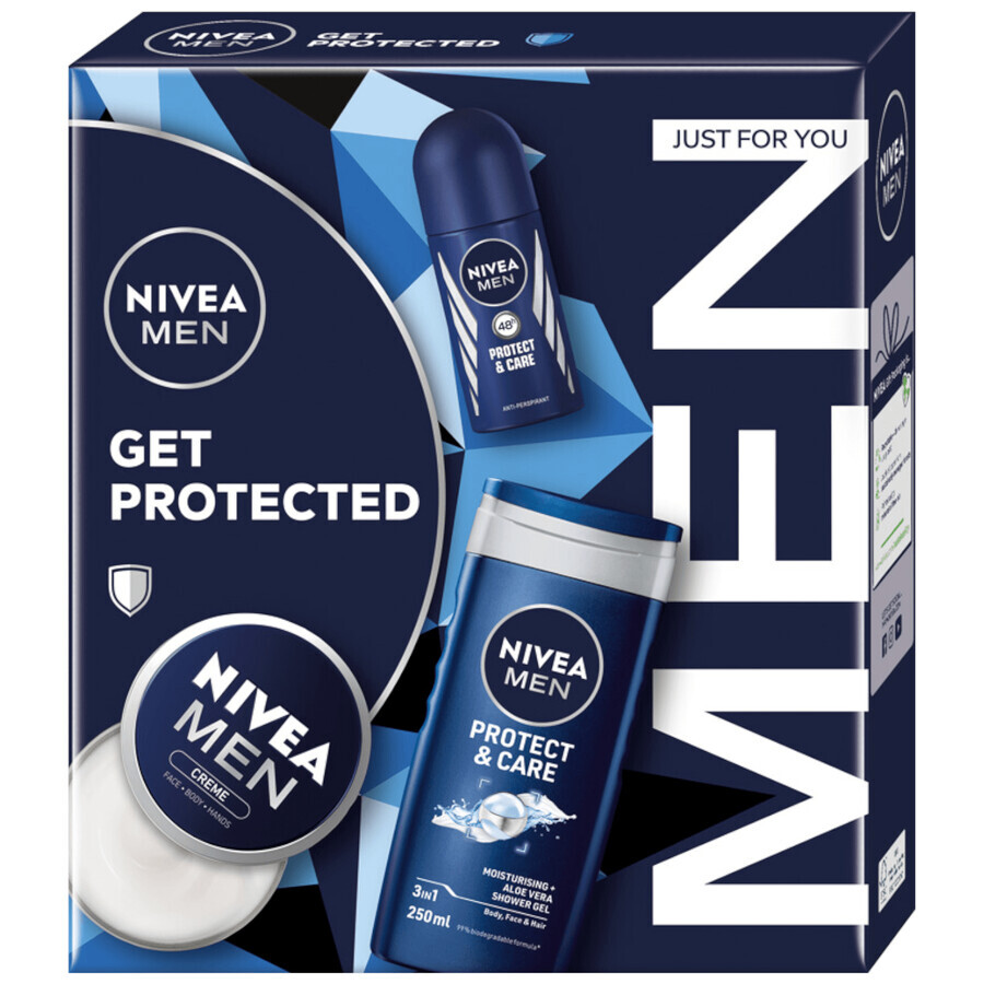 Set Nivea Men Get Protected, douchegel 250 ml + crème 75 ml + antitranspirant roll-on 50 ml