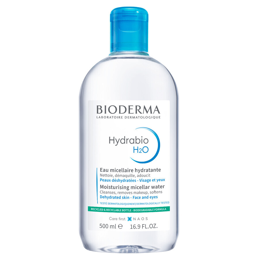 Set Bioderma Hydrabio, Hyalu+, sérum, 30 ml + H2O, liquide micellaire, 500 ml + glov, tampons cosmétiques, 3 pièces