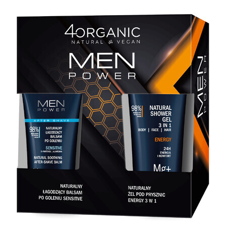 Set 4Organic Men Power, balsam aftershave calmant, Sensitive, 150 ml + gel de duș, Energy, 250 ml AMBALAJ RUPT