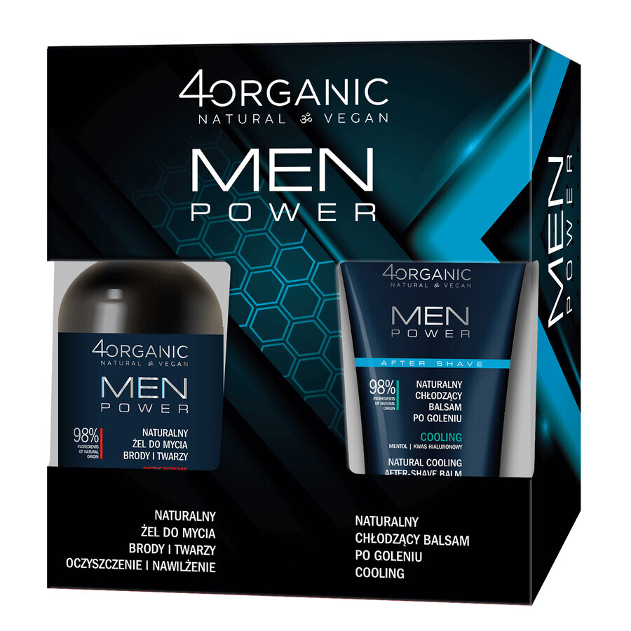 4Organic Men Power set, gel nettoyant pour la barbe et le visage, 200 ml + baume après-rasage rafraîchissant, 150 ml