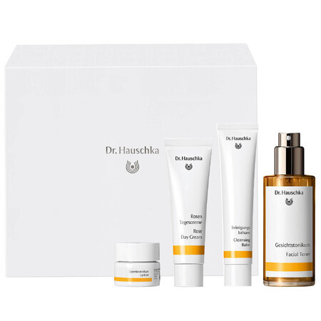 Dr Hauschka Beautiful Face Set, tonique revigorant 100 ml + crème de jour à la rose 30 ml + nettoyant visage 75 ml + baume à lèvres en pot 4,5 ml