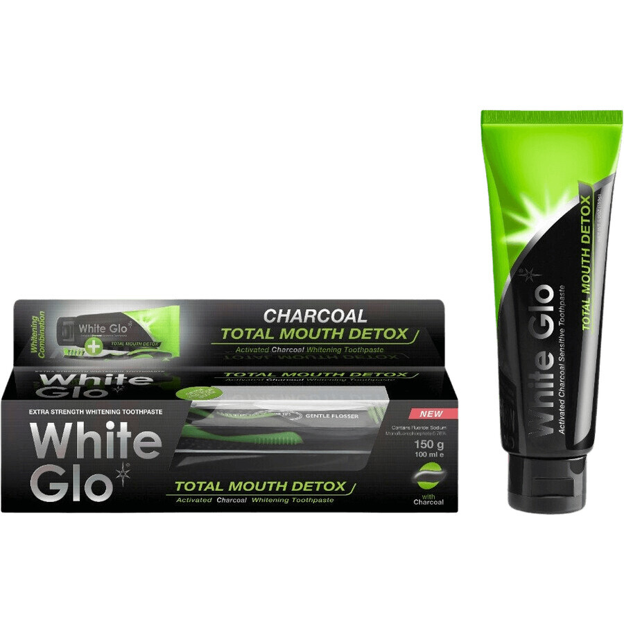 White Glo pastă de dinți de albire Total Detox Charcoal + periuță de dinți 150 g