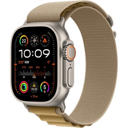 Apple Watch Ultra 2 (2024) 49 mm, titane naturel avec Alpine M jaune-brun