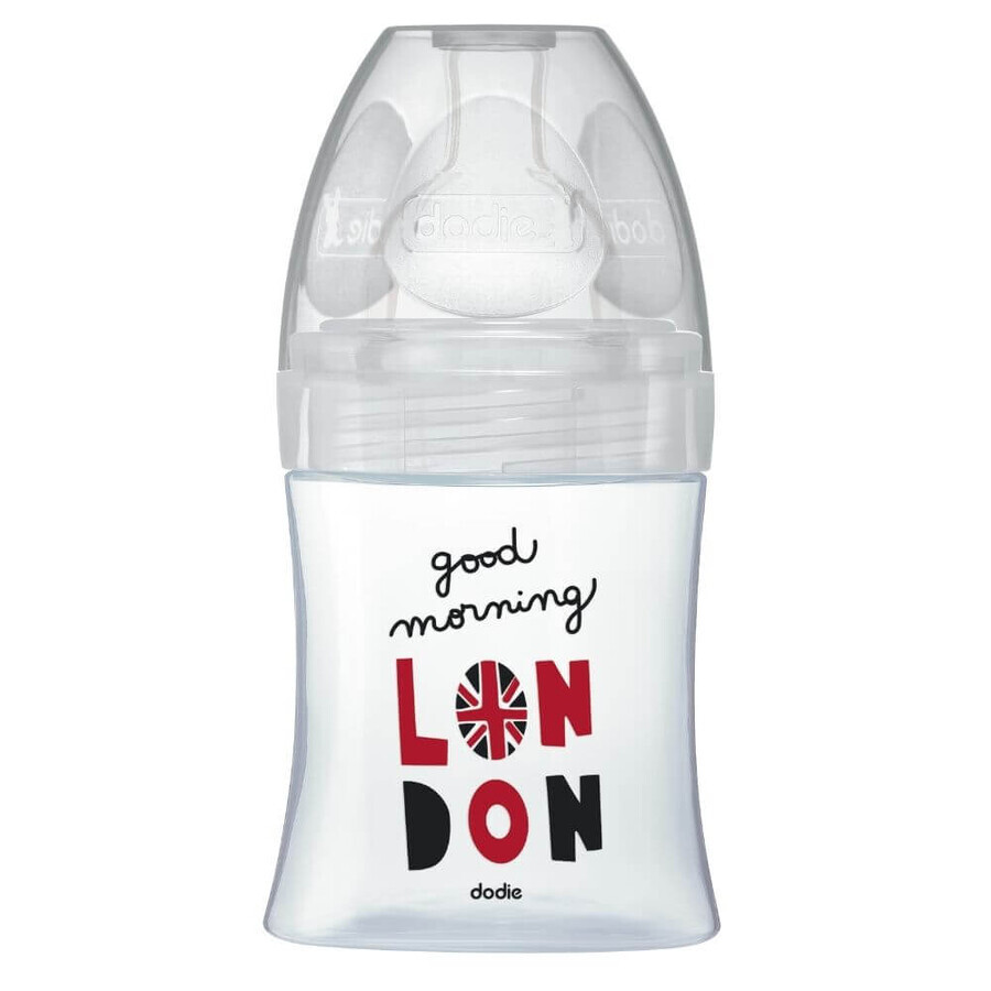 Glasflasche mit sensorischer Funktion und antikolikischem Flachsauger Flow 1, London, 0-6 Monate, 150 ml, Dodie