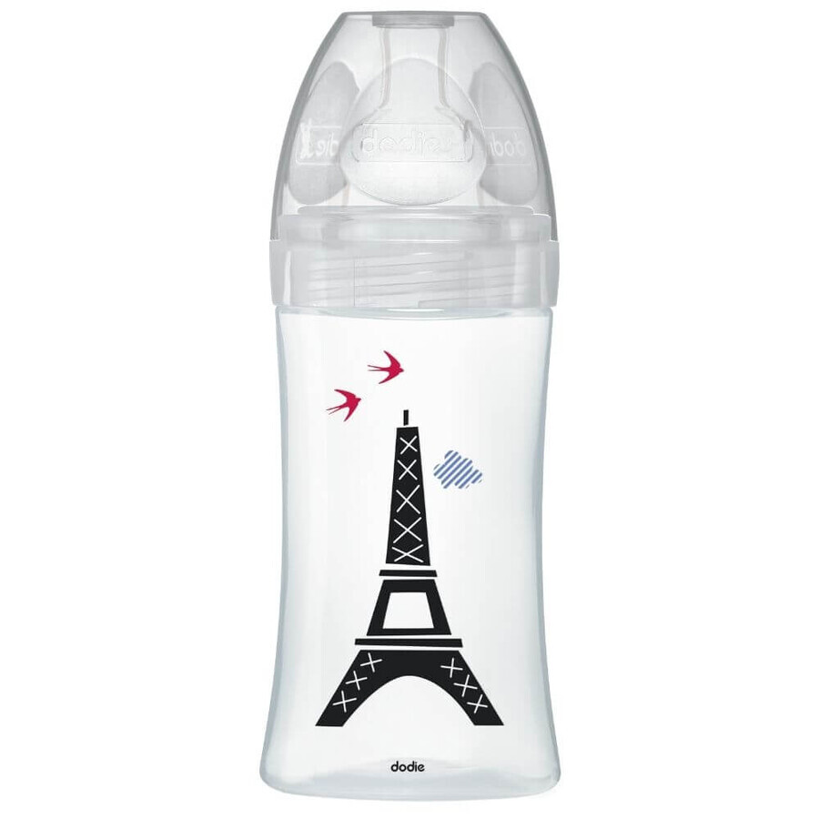 Glasflasche mit sensorischer Funktion und antikolikischem Flachsauger Debit 2, Paris, 0-6 Monate, 270 ml, Dodie