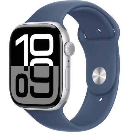 Apple Watch Series 10 GPS + Cellular 46mm Carcasă din aluminiu argintiu cu bandă sport din denim - M/L