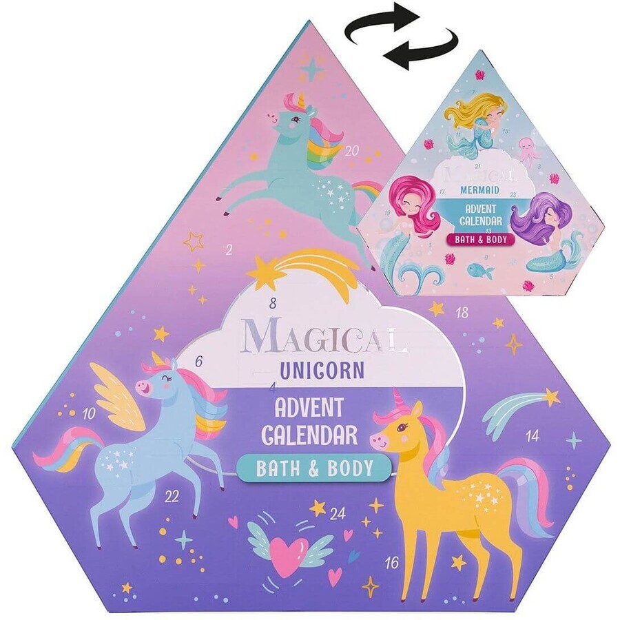 Accentra Calendrier de l'Avent magique avec licorne et sirène dans une boîte en forme de diamant (double face), 24 surprises