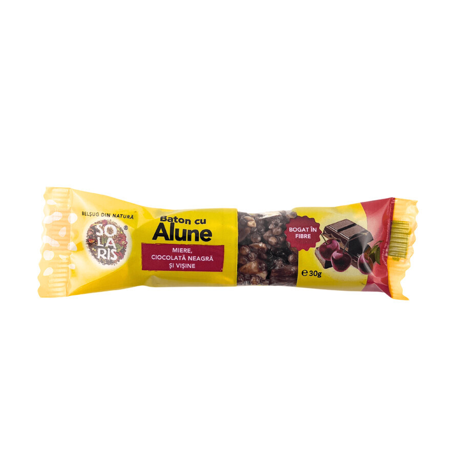 Barre aux noisettes, miel, chocolat noir et cerises, 30 g, Solaris