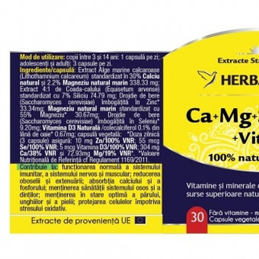 Ca+Mg+Se+Si+Zn avec vitamine D3, 30 gélules, Herbagetica