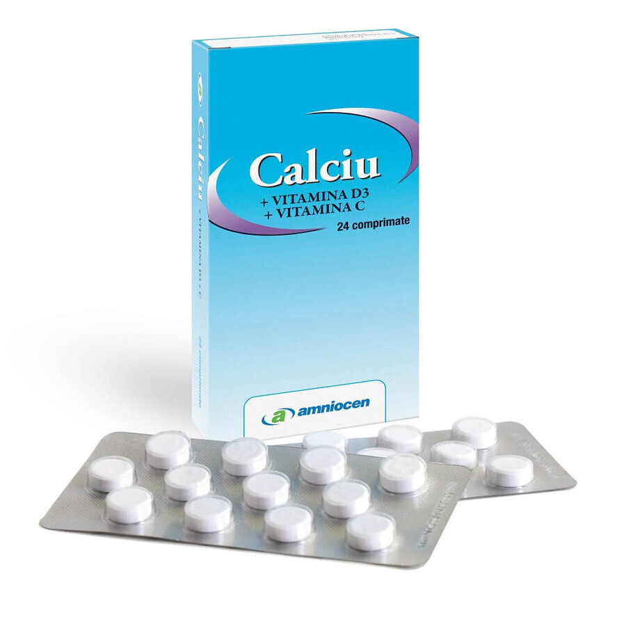 Calcium + Vitamine D3 + Vitamine C, 24 comprimés, Amniocen