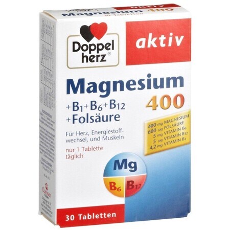 Magnésium 400 Doppelherz + Acide folique + Vitamine B6, 30 comprimés, Queisser Pharma