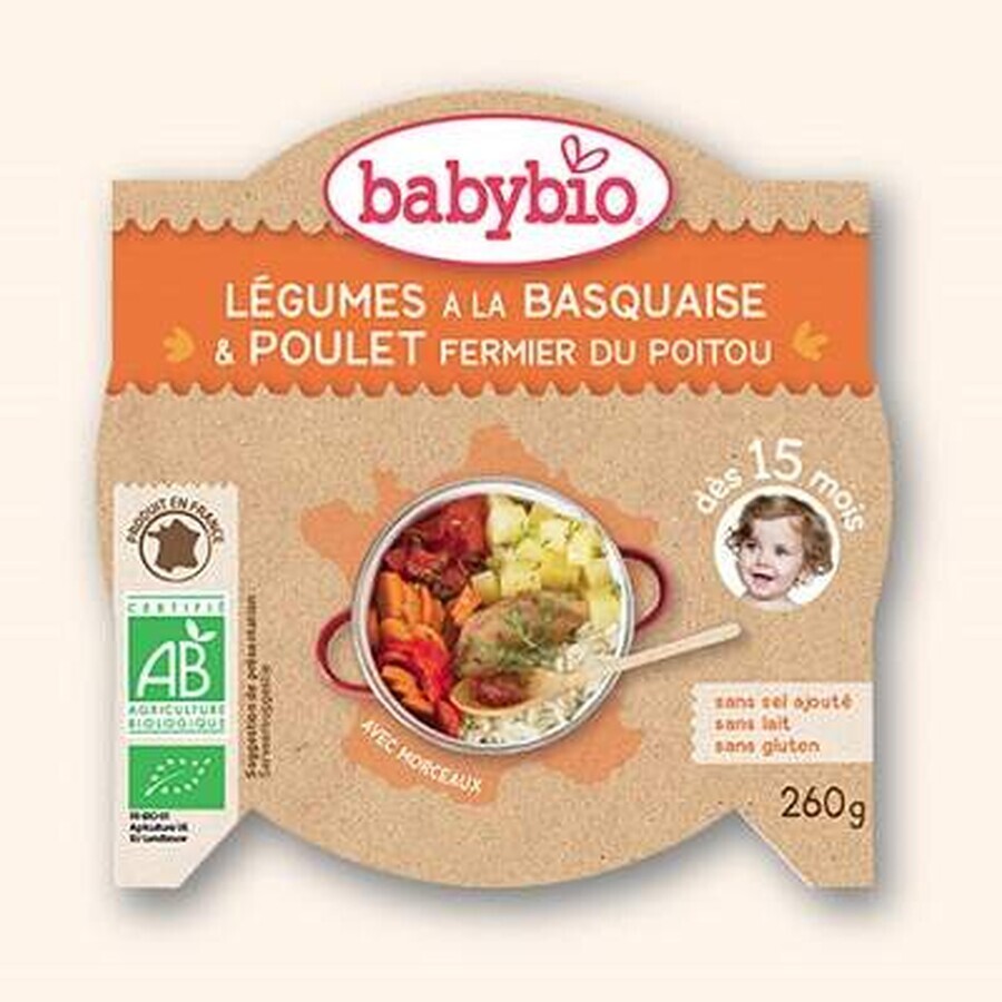Menu avec légumes basquaise et poulet du Poitou, +15 mois, 260 g, Babybio
