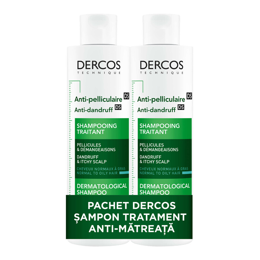 Pacchetto shampoo antiforfora per capelli normali e grassi, Dercos, 2x200 ml, Vichy