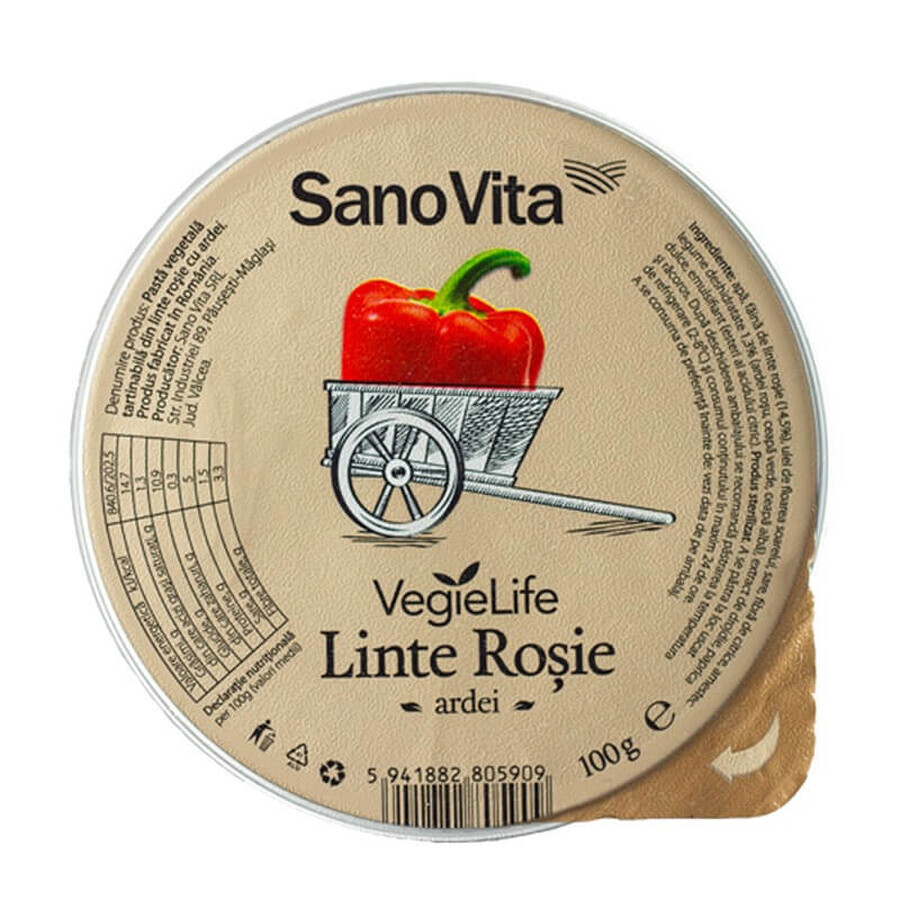 Pâtes à tartiner végétales aux lentilles rouges avec poivrons et oignons VegieLife, 100 gr, Sanovita