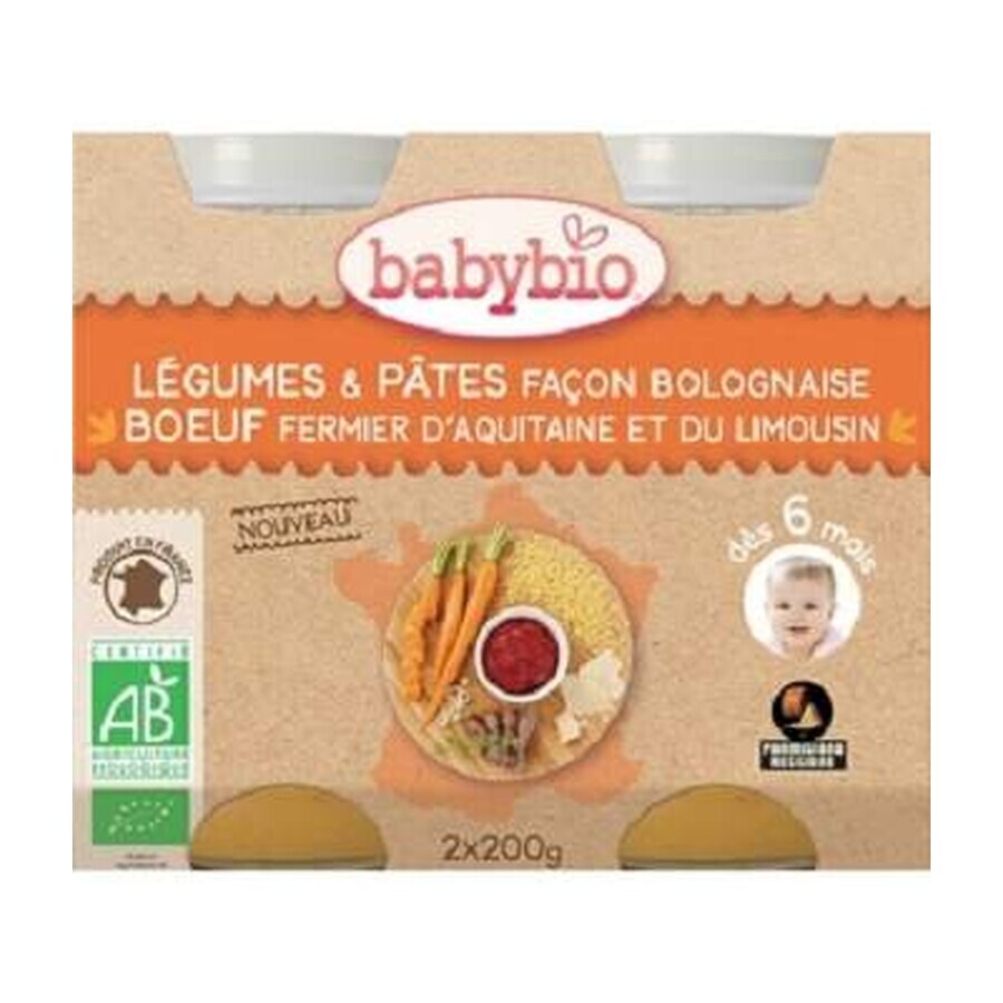 Purée de légumes et de pâtes bio à la bolognaise, +6 mois, 2X200gr, Babybio