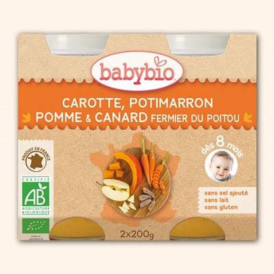 Bio Karotten-, Kürbis-, Apfel- und Entenpüree, +8 Monate, 2x200g, BabyBio