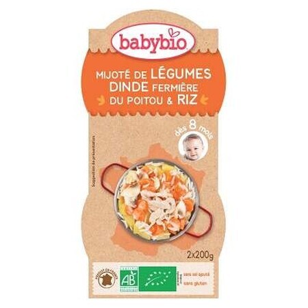 Bio-Püree-Menü aus Gemüse, Reis und Putenfleisch, +8Monate, 2X200g, BabyBio