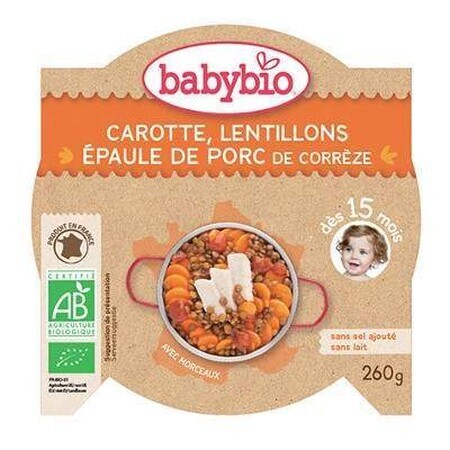 Menù Purea Bio di lenticchie e maiale, +15 mesi, 260g, BabyBio