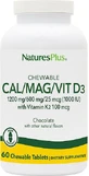 Nature's Plus Calcium Magnésium Vitamine D3 avec Vitamine K2 60 Comprimés à Croquer Chocolat