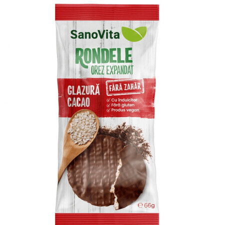 Rondele din orez cu glazura de cacao fara zahar, 66 g, Sanovita