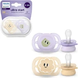 Philips Ultra Start Chupetes de silicona ortodónticos Chupete de silicona morado y amarillo para 0-2 meses 2 unidades