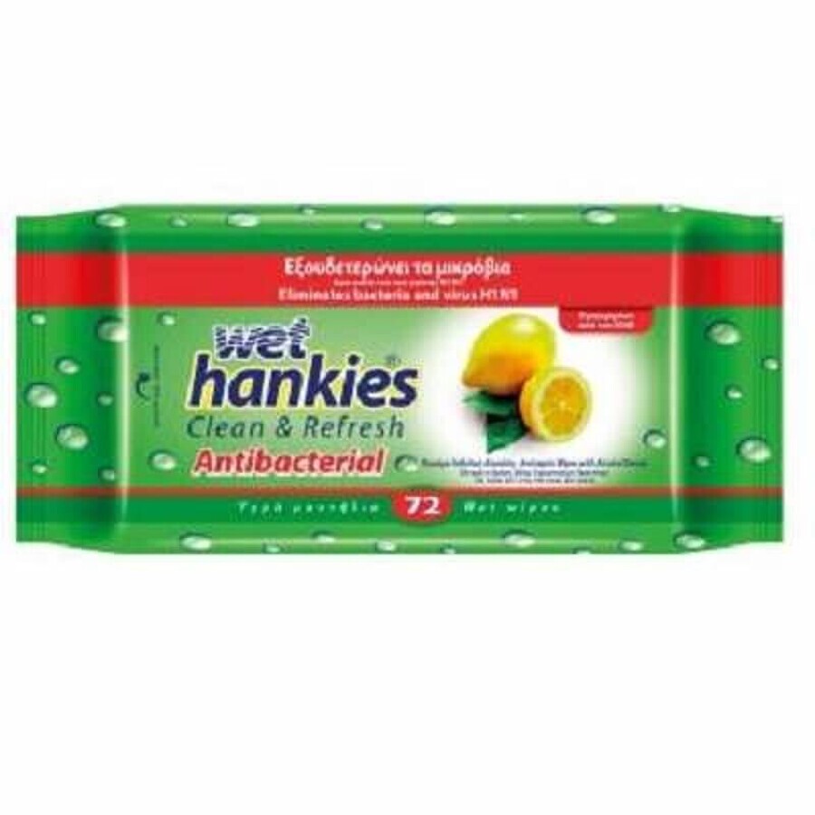 Lingettes humides antibactériennes au citron, 72 pièces, Wet Hankies