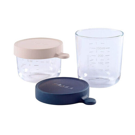 Set van twee ergonomische glazen containers, roze 150 ml en marineblauw 250 ml, Beaba