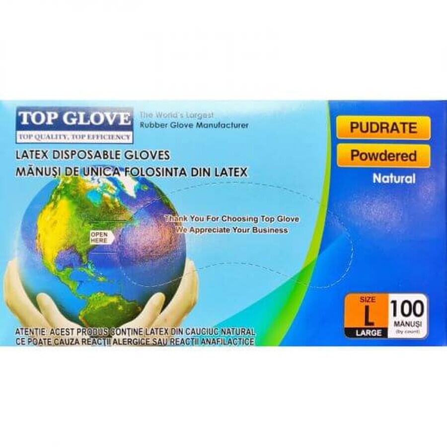 Gants en latex Top Glove, taille L, 100 pièces, Roval Med