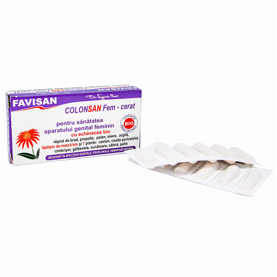 ColonSan Fem-wax avec 7 herbes, 12 suppositoires x 1,9 g, Favisan
