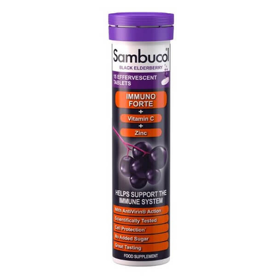 Sureau noir, vitamine C et zinc Comprimés effervescents Immuno Forte, 15 comprimés, Sambucol