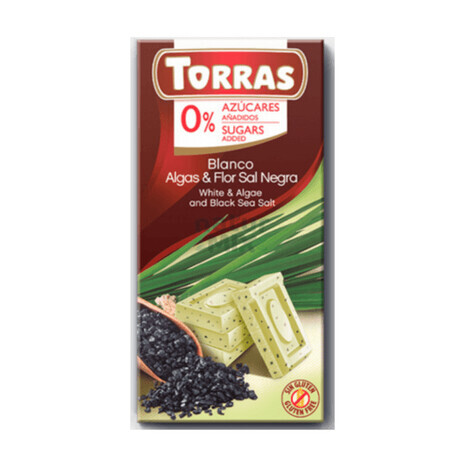 Chocolat blanc aux algues et au sel noir, sans sucre, 75 g, Torras