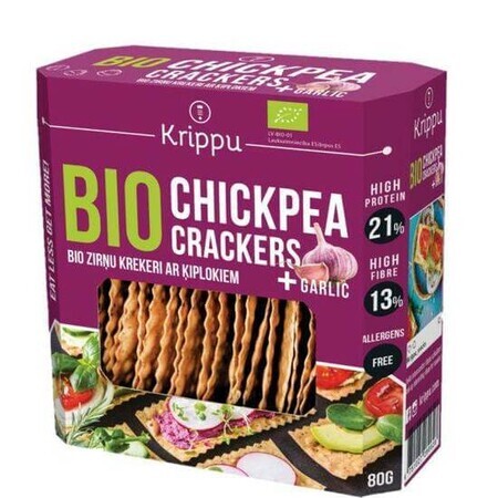 Crackers bio sans gluten aux pois chiches et à l&#39;ail, 80 g, Krippu